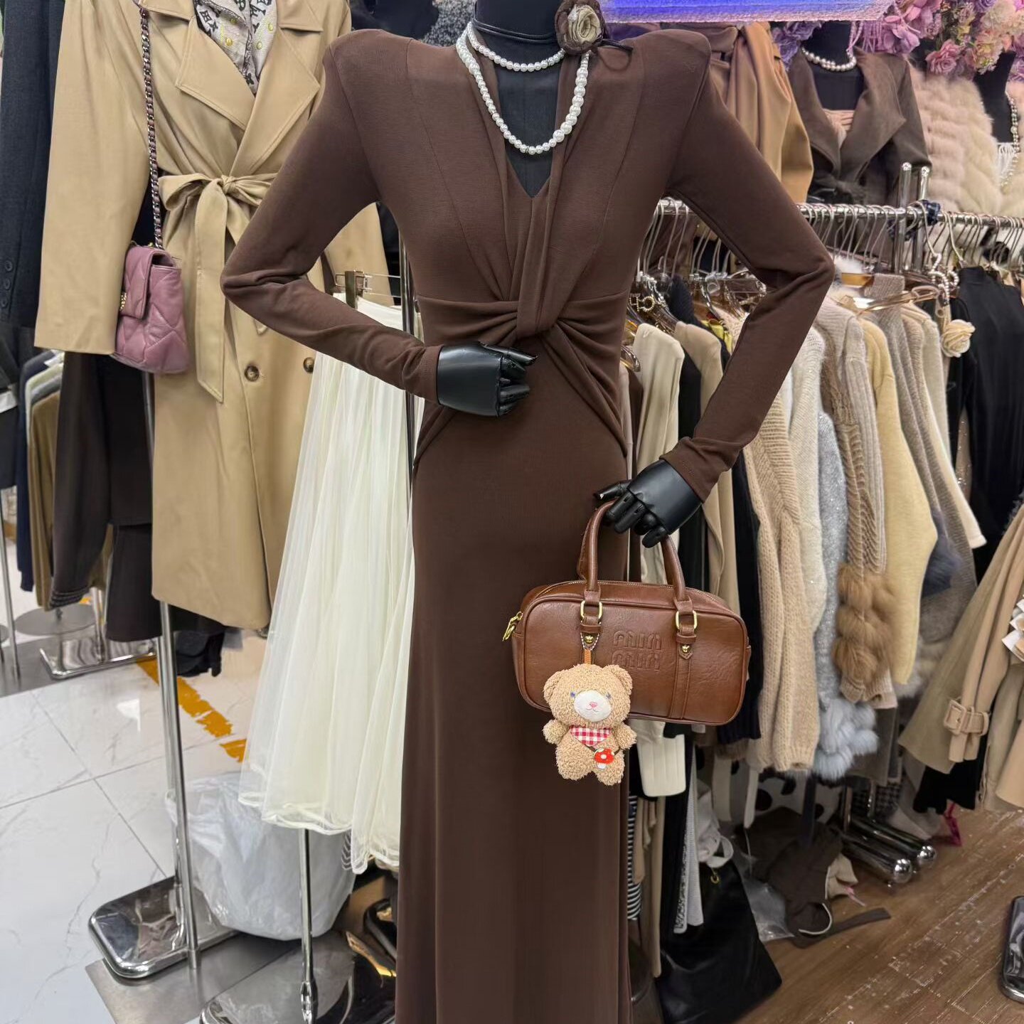 纯欲辣妹V领长袖连衣裙女