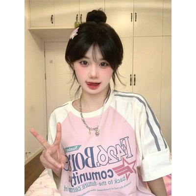 美式潮牌插肩短袖t恤女夏季新款设计感印花小众休闲拼接条纹上衣