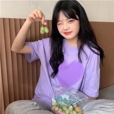 新款爱心印花t恤女爱心印花自制圆领设计感宽可爱上衣甜美多巴胺