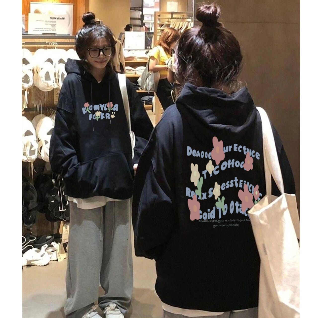 2026秋冬新款连帽宽松显瘦设计感印花卫衣女学院风简约保暖上衣潮