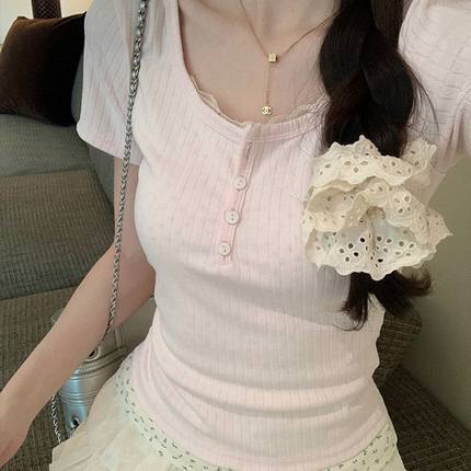 纯欲bm风蕾丝花粉色短袖t恤女春秋法式高级感修身内搭甜辣妹上衣