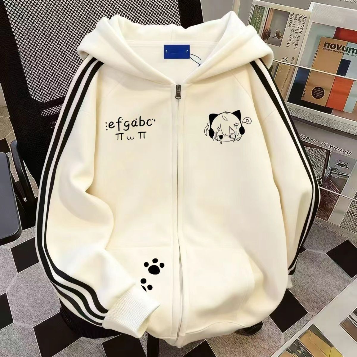二次元猫耳少女印花三条杠连帽开衫卫衣秋冬宽松拉链外套学生上衣