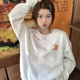 秋季灰色圆领卫衣女款2026新款春秋冬套头无帽正肩长袖小个子上衣
