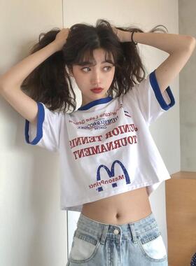 白色正肩短袖t恤女夏季2026年新款ins潮牌闺蜜情侣装短款露脐女装