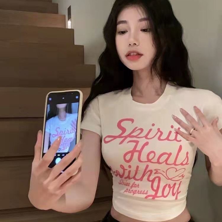 甜辣印花圆领T恤潮夏季白色女款高腰修身显瘦性感短袖短款上衣潮