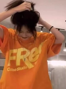 2025夏新款韩版宽松短袖橙色t恤女休闲百搭盐系上衣服ins潮女学生