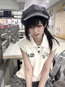 美式复古星星印花无袖polo衫女夏季新款修身显瘦辣妹短款上衣潮