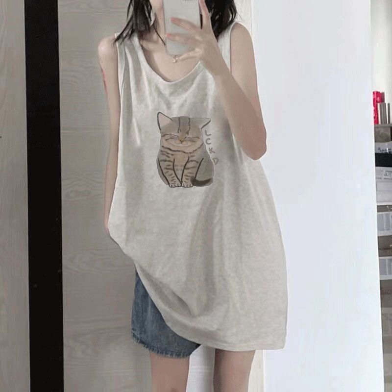 花灰色运动坎肩背心女夏猫咪印花遮肉百搭无袖吊带上衣潮流百搭