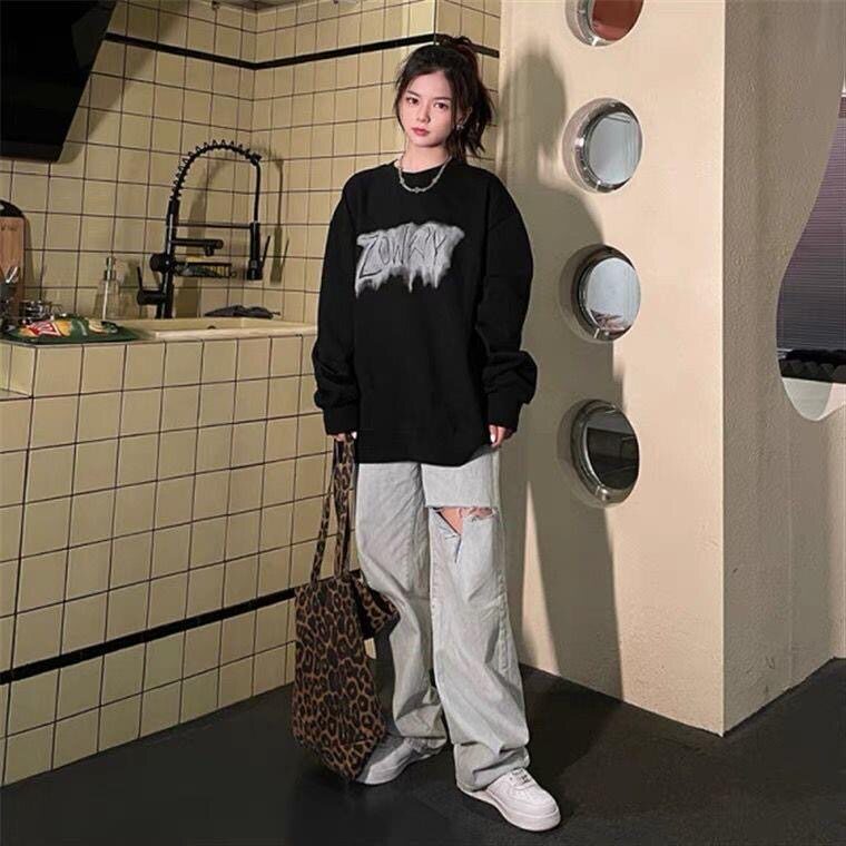 高街潮长袖卫衣女ins欧美oversize情侣复古嘻哈炸街上衣女潮牌