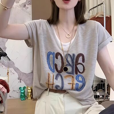 欧货假两件设计感短袖大码女夏季2025新款气质减龄修身宽松上衣