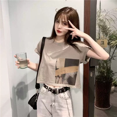 独特别致短袖白色t恤女正肩短款夏纯棉高腰设计感小众chic上衣潮