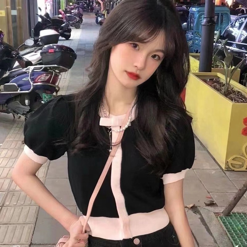 盐系少女拼色蝴蝶结短袖外套开衫女夏季2022新款甜美显瘦短款上衣