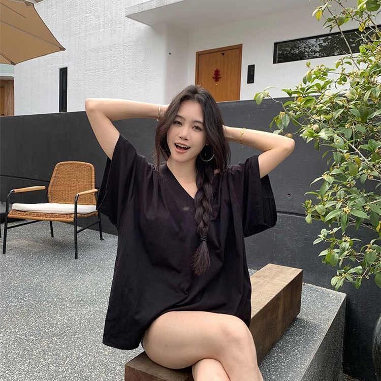 V领纯色休闲短袖T恤女夏季新款宽松显瘦慵懒风中长款简约上衣潮