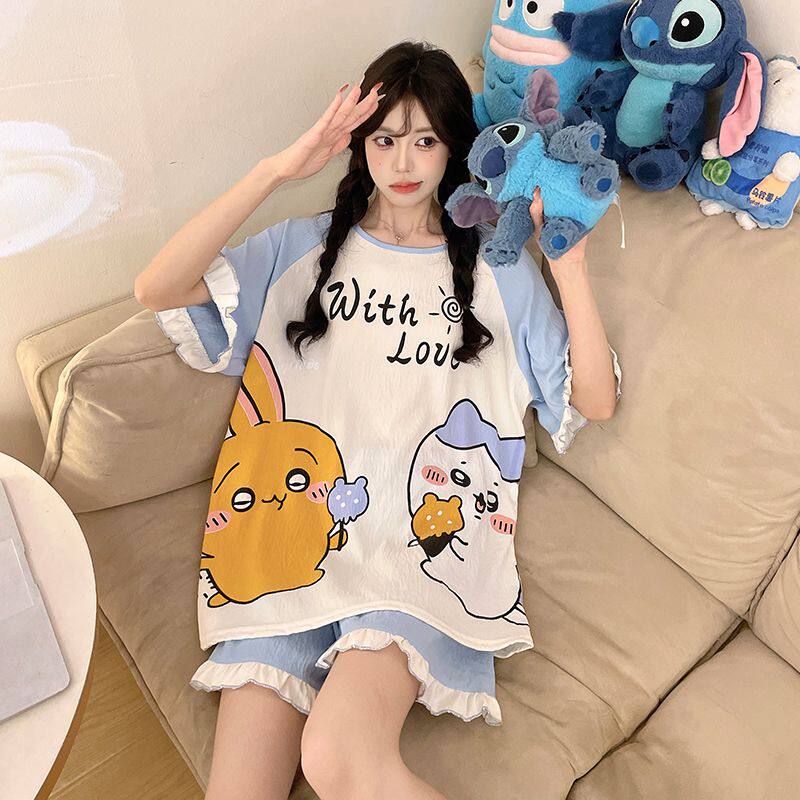 2026设计新款高级夏季短袖短裤卡通可爱学生夏天家居服套装睡衣女