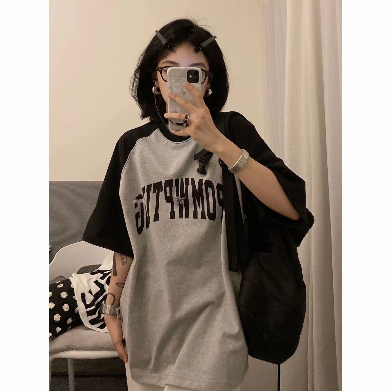 短袖美式复古薄款撞色拼接男女