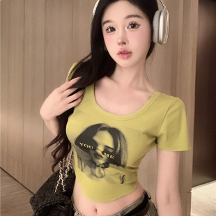 ins风洋气百搭美式辣妹t恤女学生夏天短款露腰紧身方领琐骨上衣潮