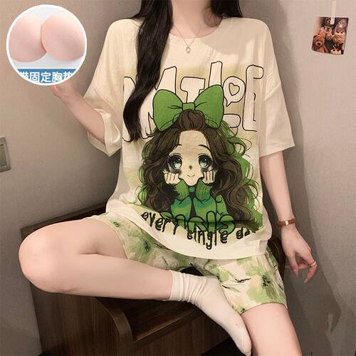 带胸垫睡衣女款2026新款夏季卡通可爱短袖薄款夏天女士家居服套装