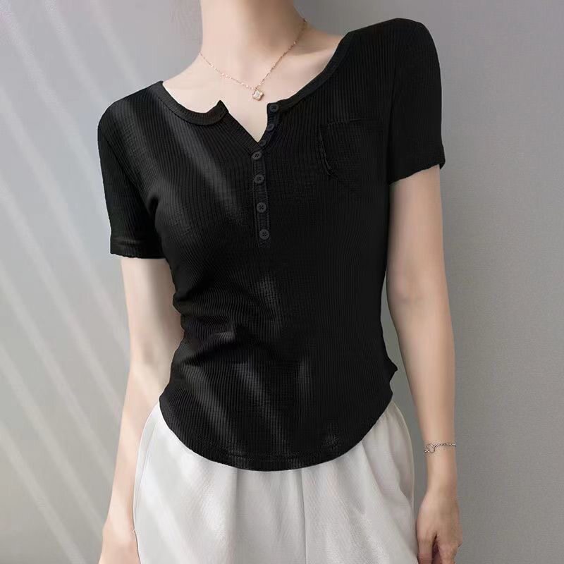 薄款韩版宽松型短袖t恤女2026夏季新款修身韩v领侧开叉上衣打底衫
