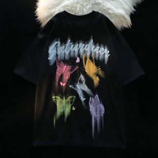 逃离地球日系甜美风蝴蝶短袖T恤女夏季宽松休闲百搭情侣半袖上衣