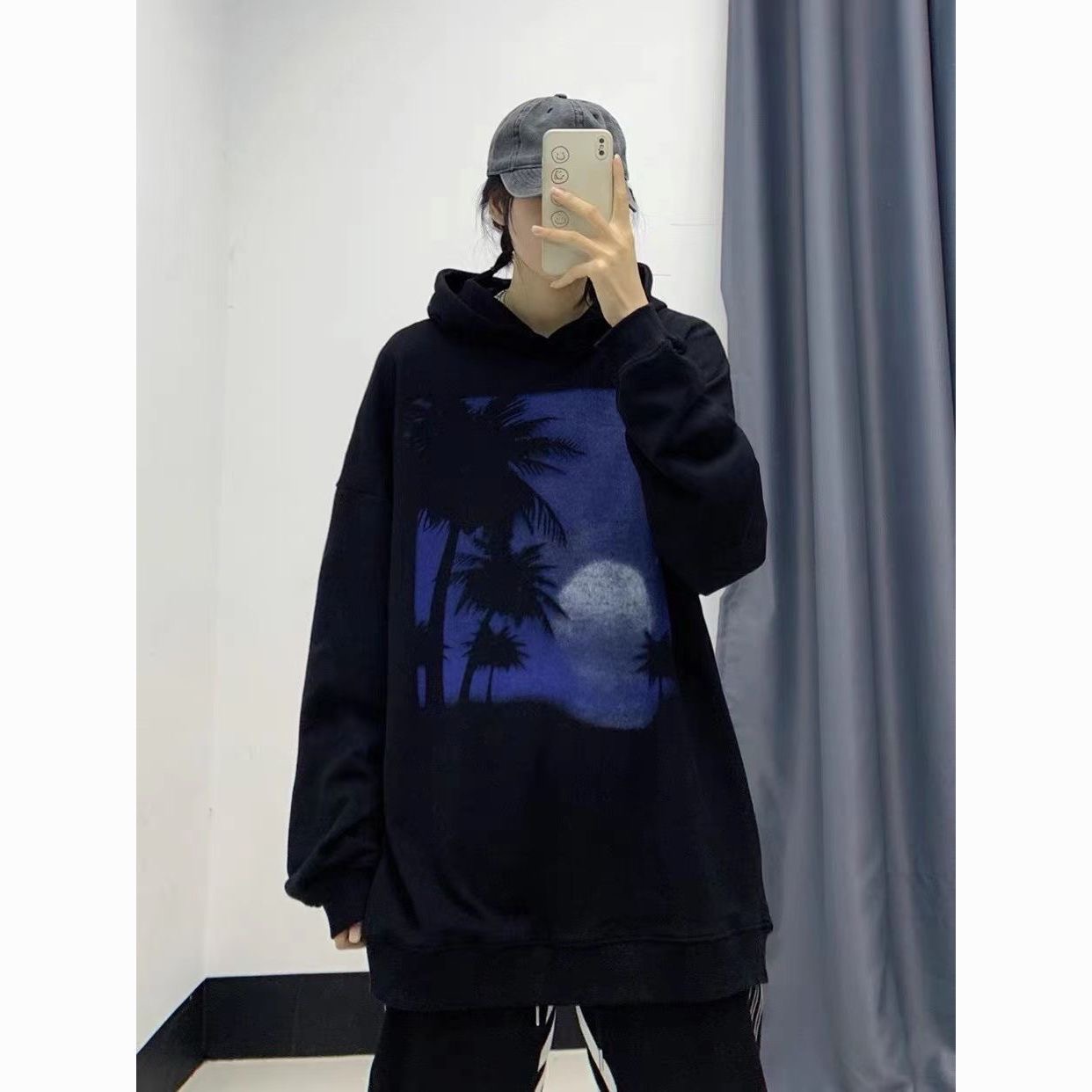 美式街头椰树印花女ins潮新款百搭简约休闲宽松嘻哈oversize卫衣