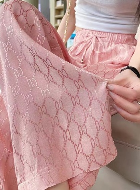 黑色提花冰丝阔腿裤女夏季薄款高腰垂感宽松显瘦休闲直筒拖地裤子