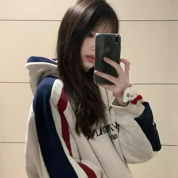 美式拼接学院撞色加绒加厚连帽卫衣女oversize潮牌重磅帽衫