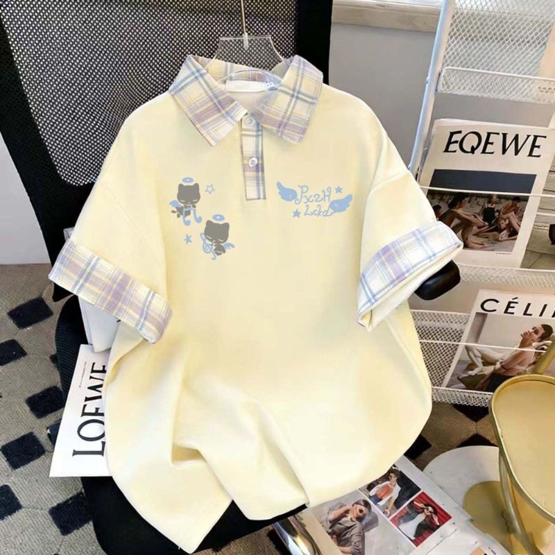格子拼接假两件短袖t恤女夏季2026新款学院风polo衫宽松上衣ins潮
