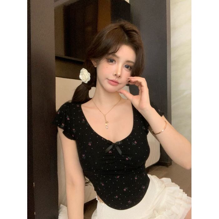 蝴蝶结u领短袖正肩碎花T恤女夏季纯欲修身显瘦辣妹不规则短款上衣