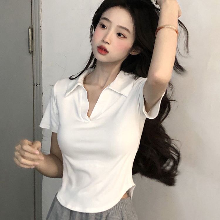 Polo领白色正肩短袖t恤女2026年早春新款高级感甜辣显瘦短款上衣