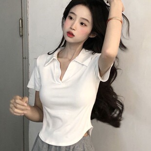 Polo领白色正肩短袖t恤女2026年早春新款高级感甜辣显瘦短款上衣