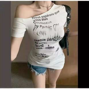 美式复古中长款不规则印花露肩短袖t恤女夏季新款纯欲风辣妹上衣