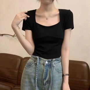 上衣 纯欲方领设计感高级辣妹夏季 修身 显瘦小众T恤女短款 正肩短袖