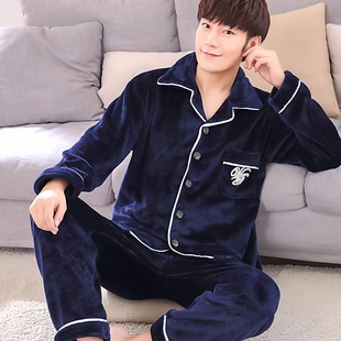 冬季男士法兰绒睡衣加厚保暖珊瑚绒男青年胖爸爸中老年薄绒家居服