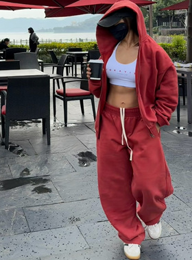 JOKAVIBE纯色美式宽松休闲套装加绒开衫连帽卫衣弯刀香蕉裤男女款