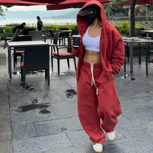 JOKAVIBE纯色美式宽松休闲套装加绒开衫连帽卫衣弯刀香蕉裤男女款