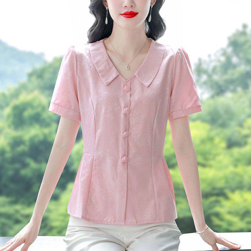 韩版修身显瘦短袖雪纺衫女2026夏季新款减龄时尚女士娃娃领小衫夏