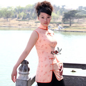 女装 立领 旗袍上衣 时尚 印花 中式 晚会 桔色