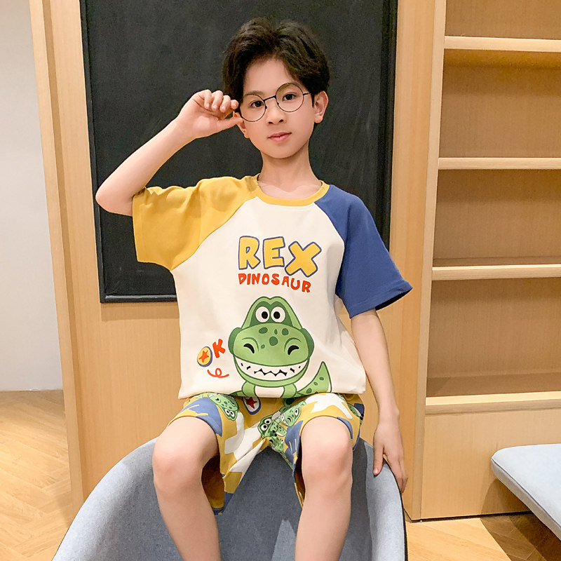 纯棉男童新款睡衣夏季短袖套装小男孩儿童卡通恐龙夏天薄款家居服