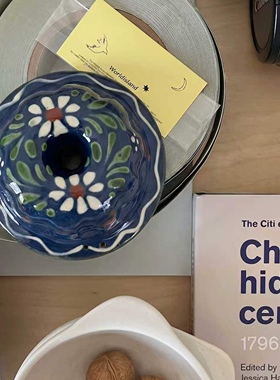 世界岛 法式手工手绘深蓝花卉陶质烘焙模具桌面艺术装饰挂件摆件
