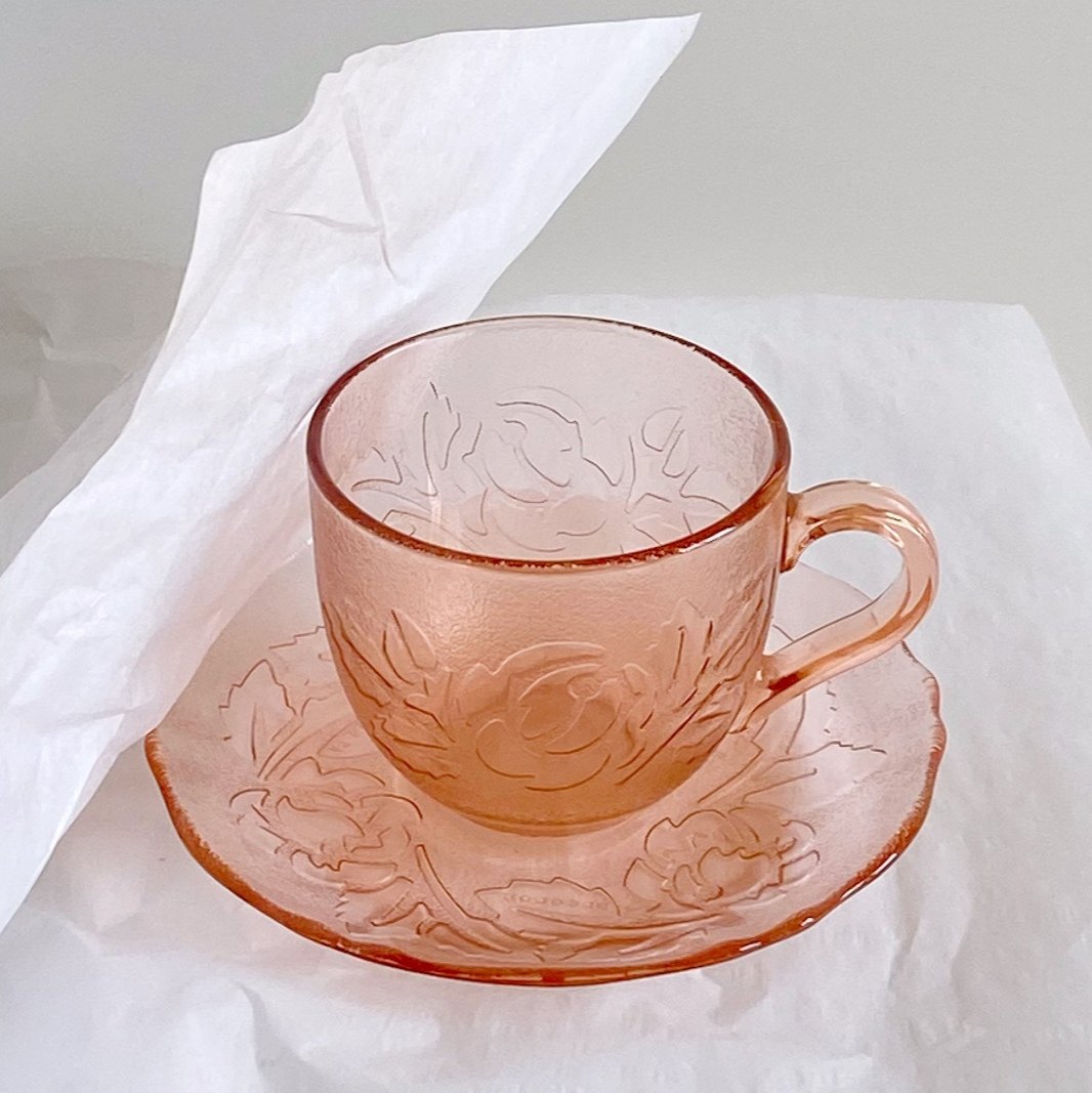 法国粉色立体花朵玻璃复古中古咖啡杯碟套装家用办公茶杯水杯礼物,餐饮具,咖啡杯,淘宝优惠券,粉丝福利购,淘宝优惠卷