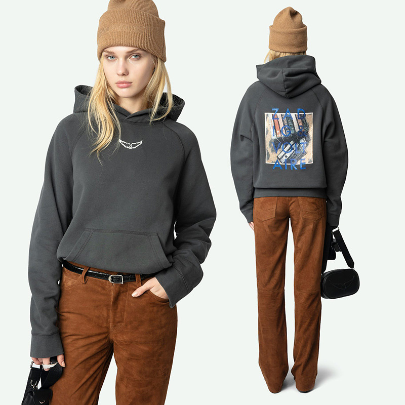 25早春新款法国小众ZV白墨数码印花磁带字母烫钻抓绒女士连帽卫衣