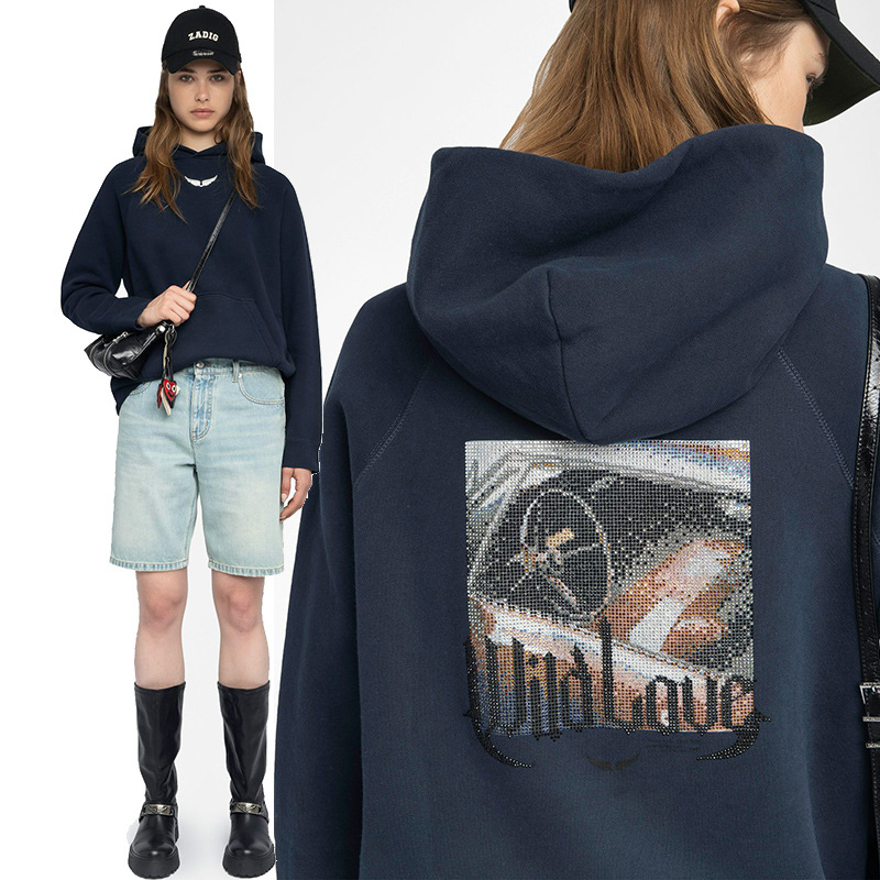 ZV后白墨印花烫钻抓绒连帽卫衣