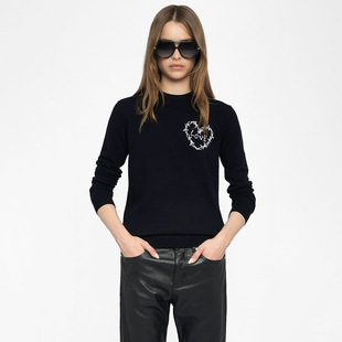 25秋冬新款法国小众ZV爱心手工毛线绣花100羊绒针织衫女士毛衣衫