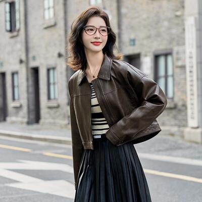 秋季新款高级感显瘦修外身短衣时尚翻领YB578-0女套款皮皮夹克