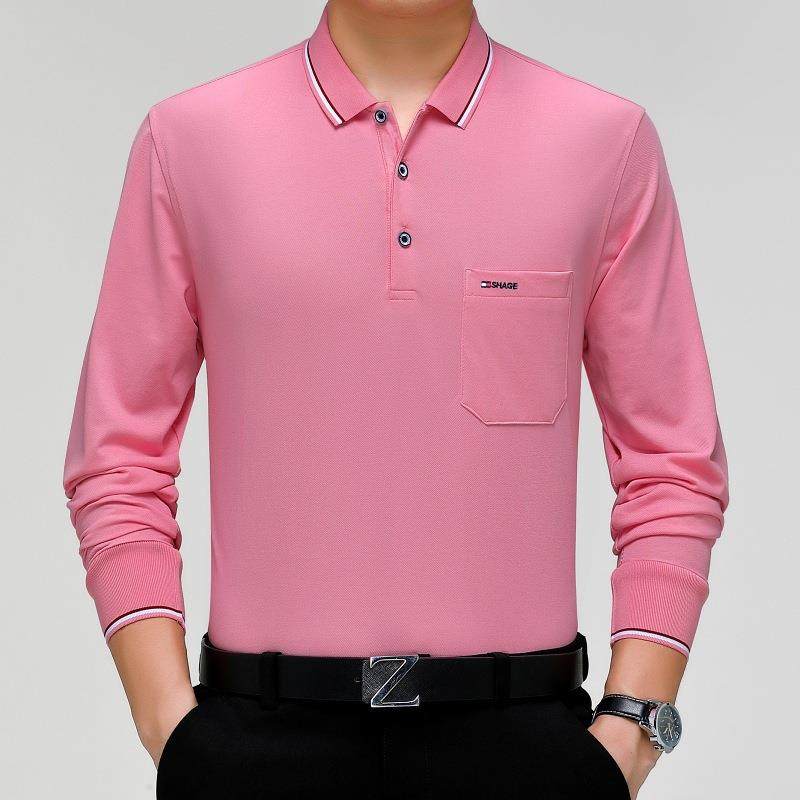 2223A003-T4季新款桑蚕丝中0男士年长袖T恤爸爸装翻领冰丝真口袋