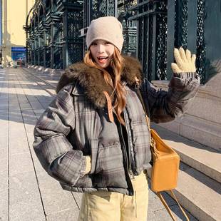 大女毛领子羽绒服2025冬季 C25格子超好看设计感独特 复格洋古C103