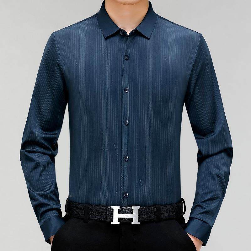 202袖4春秋新款蚕桑丝衬衫男士长中5882-P年商竖条纹免烫真丝衬务