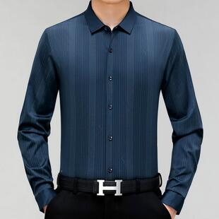 202袖4春秋新款蚕桑丝衬衫男士长中5882-P年商竖条纹免烫真丝衬务
