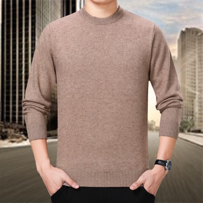 秋青冬花子VRE男士%羊毛衫中年爸爸装纯色圆领衣保公毛暖