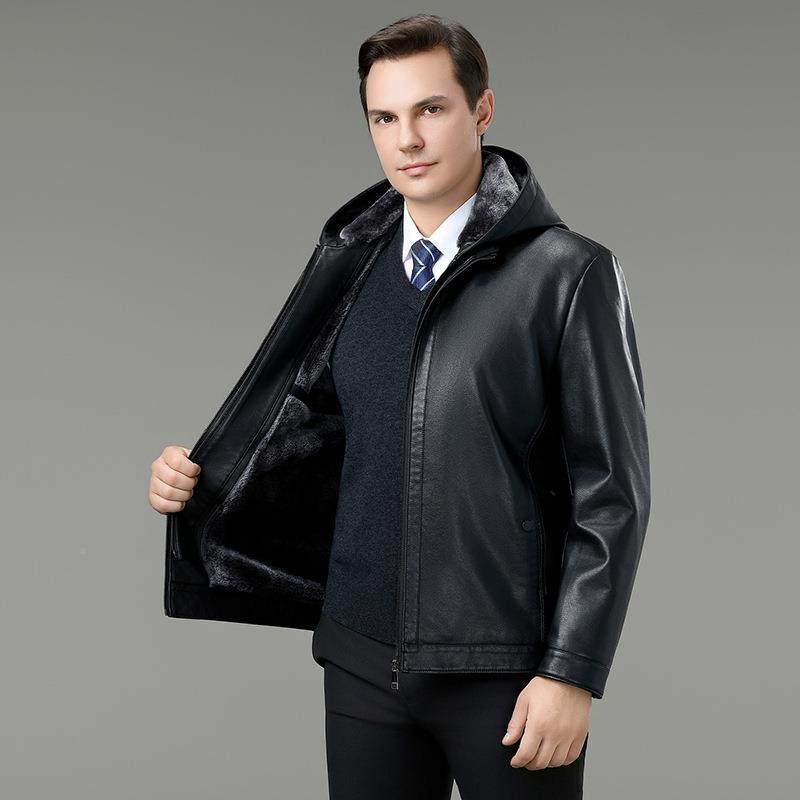 海宁皮皮男秋冬皮毛一体衣男式短袖年外套BUW保暖加绒中男装真皮
